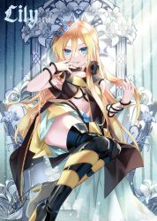  :p belt_buckle black_choker blonde_hair blue_nails boots buckle cd character_name choker female flower full_body hair_between_eyes highres lily_(vocaloid) long_hair looking_at_viewer revealing_clothes signature sitting skirt solo thigh_boots throne tongue tongue_out twitter_username tyouya vocaloid white_flower wrist_tattoo yellow_skirt 