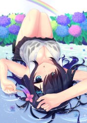  :o after_rain arm_above_head bare_arms black_bra black_hair black_skirt blue_eyes blue_flower blurry blush bra bra_visible_through_clothes breasts cleavage collared_shirt commentary_request day depth_of_field female floating_hair flower foreshortening full_body hair_flower hair_ornament hair_over_one_eye hair_spread_out hand_up highres hydrangea knees_up lace-trimmed_bra lace_trim large_breasts leaf long_bangs long_hair looking_at_viewer lying miniskirt nanatsu_(na_na_tsu) naruka_mizuki_(nanatsu_(na_na_tsu)) on_back open_mouth original outdoors partially_unbuttoned pink_flower pleated_skirt purple_flower rainbow ripples see-through see-through_shirt shiny_skin shirt sidelocks skirt sleeveless sleeveless_shirt solo sparkle thighs underwear upside-down very_long_hair water water_drop wet wet_clothes wet_shirt white_shirt x_hair_ornament 