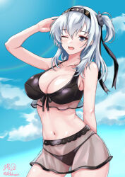  absurdres bikini black_bikini black_headband blue_sky breasts clothes_writing cloud contrapposto cowboy_shot female grey_eyes grey_hair headband highres kantai_collection large_breasts navel official_alternate_costume one_eye_closed one_side_up see-through see-through_skirt shirokuni_ochiho skirt sky solo suzutsuki_(kancolle) suzutsuki_(swimsuit_mode)_(kancolle) swimsuit 