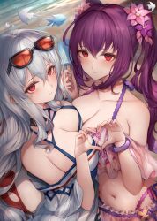  2girls absurdres arknights bare_shoulders beach bikini black_choker breast_press breasts choker cleavage collarbone commission crossover english_commentary eyewear_on_head fate/grand_order fate_(series) fish flower food grey_hair hair_between_eyes hair_flower hair_ornament heart heart_hands heart_hands_duo highres holding holding_food holding_popsicle large_breasts long_hair looking_at_viewer multiple_girls name_connection navel off-shoulder_shirt off_shoulder official_alternate_costume popsicle purple_bikini purple_hair red_eyes scathach_(fate) scathach_skadi_(swimsuit_ruler)_(fate) scathach_skadi_(swimsuit_ruler)_(first_ascension)_(fate) shirt shore skadi_(arknights) skadi_(waverider)_(arknights) smile snm_(sunimi) sunglasses swimsuit symmetrical_docking tinted_eyewear twintails very_long_hair 