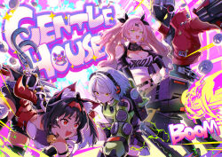  1boy 3girls absurdres anby_demara android animal_ear_fluff animal_ears billy_kid cat_ears cat_girl cat_tail english_text firing gun headphones highres holding holding_gun holding_knife holding_suitcase holding_sword holding_weapon kiguchi_hikaru knife long_hair multiple_girls multiple_tails nekomiya_mana nicole_demara revolver short_hair suitcase sword tail weapon zenless_zone_zero 