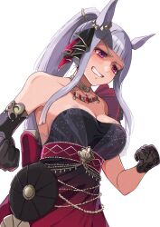  absurdres animal_ears armpits asymmetrical_gloves bare_arms bare_shoulders blunt_bangs blush breasts clenched_hands coralreef966 dress ear_ornament elbow_gloves female gloves gold_ship_(la_mode_564)_(umamusume) gold_ship_(umamusume) grey_background grey_hair grin high_ponytail highres horse_ears jewelry large_breasts long_hair medium_bangs necklace official_alternate_costume official_alternate_hairstyle pink_eyes simple_background smile solo strapless strapless_dress three_quarter_view umamusume upper_body v-shaped_eyebrows very_long_hair 