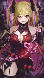  :d absurdres blonde_hair blush breasts cleavage cleavage_cutout clothing_cutout demon_horns demon_tail demon_wings dress duel_monster earrings female gmg hair_between_eyes heart highres horns jewelry lacrima_the_scarlet_sorrow large_breasts looking_at_viewer oerba_yun_fang pointy_ears red_dress red_eyes smile solo tail thigh_strap wings yu-gi-oh! 