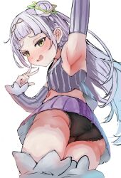  black_panties blush breasts detached_sleeves female green_eyes grey_hair grey_shirt grey_sleeves hair_bun highres hololive murasaki_shion murasaki_shion_(1st_costume) open_mouth panties purple_skirt shirt skirt small_breasts smil solo tazrn1 thighhighs underwear virtual_youtuber white_background white_thighhighs 