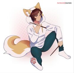  animal_humanoid bottomwear brown_eyes brown_hair canid canid_humanoid canine canis clothing denim denim_bottomwear denim_clothing drumstick_(musical) fluffy fluffy_tail hair hi_res hoodie humanoid jeans male mammal mammal_humanoid matemi pants pawpads paws scraps_(bigscraps) solo tail topwear wolf 