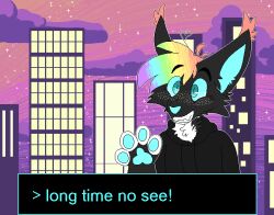  2019 2_frame_animation aliasing animated anthro black_clothing black_hoodie black_topwear blinking blue_eyes blue_inner_ear blue_nose blue_pawpads blue_sclera blue_text building city clothed clothing cloud dating_sim detailed_background digital_drawing_(artwork) digital_media_(artwork) domestic_cat ear_tuft english_text fake_screencap felid feline felis freckled_face freckles grin hair handpaw hoodie jaspering male mammal multicolored_hair outside pawpads paws pupils purple_cloud purple_sky rainbow_hair sky slit_pupils smile snout solo sunset teeth text text_box topwear tuft 