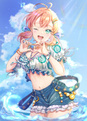  ;d aqua_eyes blue_sky blush breasts cleavage cloud commentary_request cowboy_shot crop_top cropped_shirt crossed_bangs cumulonimbus_cloud female frilled_shirt frills hair_ornament hairclip heart heart_hands highres hinoshita_kaho iroenpitsu_xxx lace-trimmed_shorts lace_trim link!_like!_love_live! looking_at_viewer love_live! low_twintails medium_breasts medium_hair midriff natsumeki_pain navel official_alternate_costume one_eye_closed open_mouth orange_hair partial_commentary shirt short_shorts short_sleeves shorts signature sky smile solo twintails virtual_youtuber wading white_shirt white_trim x_hair_ornament 