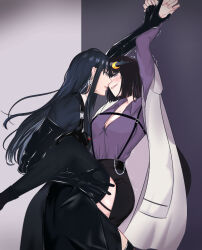  2girls black_coat black_gloves black_hair black_skirt black_thighhighs blush breasts cherie_luna chief_(path_to_nowhere) cleavage coat collared_shirt commentary crescent crescent_hair_ornament earrings elbow_gloves english_commentary eye_contact female_chief_(path_to_nowhere) garter_straps gloves hair_ornament hand_on_another&#039;s_thigh highres jewelry large_breasts long_hair long_sleeves looking_at_another multiple_girls original parted_lips path_to_nowhere purple_eyes purple_shirt rahu_(path_to_nowhere) shirt skirt smile textless_version thighhighs trembling yuri 