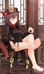  arm_at_side bare_legs barefoot black_shorts blush breasts brown_coat brown_hair brown_hat chair chinese_clothes coat collared_coat commentary crossed_legs english_commentary feet female fingernails flower flower-shaped_pupils foot_focus foreshortening full_body genshin_impact grin haimaotuanzi hair_between_eyes hand_up hat hat_flower hat_tassel highres hu_tao_(genshin_impact) index_finger_raised indoors jewelry long_hair long_sleeves looking_at_viewer mixed-language_commentary multiple_rings naughty_face on_chair plum_blossoms pointing pointing_at_self porkpie_hat red_flower ring shorts sidelocks sitting small_breasts smile smug soles solo straight_hair symbol-shaped_pupils toenails toes tsurime twintails v-shaped_eyebrows very_long_hair wide_sleeves 