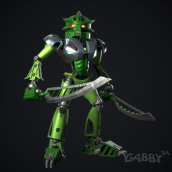  3d_(artwork) ambiguous_gender armor better_version_at_paywall biomechanical bionicle blender_(artwork) digital_media_(artwork) gabby94 glowing glowing_eyes gradient_background green_body hi_res humanoid lego lewa looking_at_viewer machine mask melee_weapon not_furry red_eyes robot robot_humanoid silver_body simple_background solo sword toa weapon 