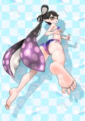  barefoot bikini black_hair callie_(splatoon) checkered_background drop_shadow feet female from_below highres inkling kneepits koharu2.5 long_hair looking_at_viewer looking_down open_mouth perspective pointy_ears purple_bikini soles solo splatoon_(series) squid swimsuit tentacle_hair 