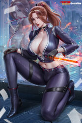  black_choker black_footwear black_gloves black_jumpsuit breasts brown_eyes building choker cleavage crack cropped_jacket fatal_fury fatal_fury:_city_of_the_wolves female fire folded_fan folding_fan gloves goatwillow hair_tie hand_fan hand_on_own_knee high_heels high_ponytail highres jumpsuit large_breasts leather leather_pants looking_at_viewer midriff mixed-language_commentary navel on_one_knee pants red_lips rooftop rope shiranui_mai sidelocks solo squatting thighs tight_clothes tight_pants unzipped zipper 