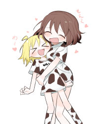  &gt;_&lt; 2girls ^_^ animal_print between_breasts blonde_hair blush breast_press breasts brown_hair cheek_press closed_eyes cow_print feet_out_of_frame flat_chest head_between_breasts heart highres hug kneehighs kokaki_mumose large_breasts matching_outfits multiple_girls no_pants null-meta open_mouth print_shirt print_socks shirt short_hair short_sleeves simple_background smile socks t-shirt uozumi_kurumi watanabe_yuuka white_background white_shirt 