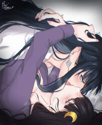  2girls black_hair blush cherie_luna chief_(path_to_nowhere) closed_eyes commentary earrings english_commentary female_chief_(path_to_nowhere) french_kiss grey_background grey_eyes hand_in_another&#039;s_hair hand_on_another&#039;s_head highres jewelry kissing long_hair long_sleeves looking_at_another multiple_girls original path_to_nowhere pink_nails purple_shirt rahu_(path_to_nowhere) saliva shirt sweat tongue tongue_out white_shirt yuri 