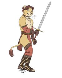  4:5 absurd_res anthro ass bartek22 brown_hair ears_up felid fur hair half_clothed half_naked hi_res holding_object holding_weapon jewelry lion looking_at_viewer male mammal melee_weapon muscular muscular_anthro muscular_male necklace nipples pantherine solo sword tail tail_tuft tuft weapon yellow_body yellow_eyes yellow_fur 