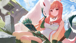  afk_journey animal animal_ears arrow_(projectile) blue_sky bow_(weapon) breasts cleavage cleavage_cutout closed_mouth clothing_cutout cloud cloudy_sky day dress highres holding holding_bow_(weapon) holding_weapon huhi_(huhi_1211) large_breasts long_hair looking_at_viewer on_ground outdoors pink_hair quiver red_eyes sitting sky smile weapon white_dress 