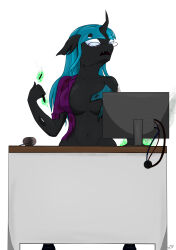  absurd_res anthro arthropod black_body blue_eyes burnt_clothing changeling computer desk electronics eyewear fangs female friendship_is_magic furniture glasses glowing hasbro hi_res juniper_montage_(eg) magic mixdaponies my_little_pony solo table teeth turquoise_hair 