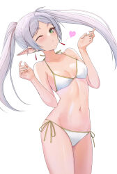  absurdres alternate_costume bikini blowing_kiss blush breasts commentary_request cowboy_shot earrings elf eyelashes female floating_earring floating_hair frieren frieren_blowing_a_kiss glasses green_eyes grey_hair hands_up heart highres jewelry long_hair looking_at_viewer motion_lines navel one_eye_closed paid_reward_available parted_lips pointy_ears sasasa_r_23 shiny_skin side-tie_bikini_bottom simple_background small_breasts solo sousou_no_frieren stomach swimsuit thick_eyebrows twintails v-shaped_eyebrows w_arms white_background white_bikini 