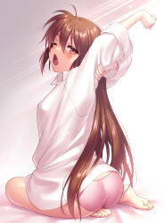  ass barefoot brown_hair collared_shirt commentary_request feet female little_busters! long_hair long_sleeves looking_at_viewer looking_back natsume_rin one_eye_closed open_mouth panties pink_panties ponytail red_eyes seiza shirt sitting solo toes tongue underwear white_shirt yawning zen_(kamuro) 