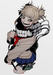  bags_under_eyes bandana blonde_hair blue_skirt blunt_bangs blurry_edges blush boku_no_hero_academia canister cardigan cropped_legs double_bun fangs female film_grain from_above hair_bun hand_up highres holding holding_knife holding_weapon knife long_sleeves looking_at_viewer messy_hair miniskirt neckerchief oimo_(oimkimn) open_mouth pleated_skirt red_neckerchief school_uniform short_hair sidelocks simple_background skirt slit_pupils smile solo teeth teeth_print thigh_strap toga_himiko tube weapon white_background yellow_eyes 