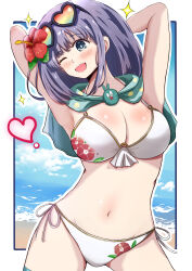  absurdres armpits arms_up bikini blue_eyes breasts capelet cleavage eyewear_on_head female floral_print flower green_capelet hair_flower hair_ornament halterneck heart heart-shaped_eyewear highres large_breasts match_(artist) medium_hair misora_(princess_connect!) misora_(summer)_(princess_connect!) multicolor-tinted_eyewear navel o-ring o-ring_top one_eye_closed open_mouth princess_connect! purple_hair rainbow-tinted_eyewear red_flower side-tie_bikini_bottom solo swimsuit teeth tinted_eyewear upper_teeth_only white_bikini 