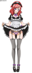  absurdres apron black_dress black_footwear black_thighhighs blush bow breasts cleavage clothes_lift detached_collar dorsalecart dress female full_body garter_belt garter_straps highres lifting_own_clothes long_hair looking_at_viewer love_live! love_live!_school_idol_project maid maid_apron maid_headdress medium_breasts mogyutto_&quot;love&quot;_de_sekkin_chuu! nishikino_maki open_mouth panties pink_panties purple_eyes purple_panties red_hair ribbon simple_background skirt skirt_lift solo thighhighs underwear white_background 