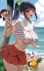  :3 :d absurdres akihiro0920 beach bikini black_hair black_one-piece_swimsuit blue_sky blunt_bangs blush breasts bush chibi cloud collarbone day female food fruit highres horizon komami_(youkai_watch) komasan large_breasts navel ocean old_school_swimsuit one-piece_swimsuit open_mouth outdoors palm_tree pineapple ponytail rabbit red_skirt sailor_collar school_swimsuit shirt sidelocks skirt sky smile standing striped_clothes striped_shirt swimsuit tamura_yukari tree underboob v white_sailor_collar white_shirt youkai_watch 