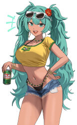  absurdres alternate_breast_size aqua_eyes aqua_hair bikini_under_shorts black_bikini_bottom blue_shorts bracelet brazilian_flag_print brazilian_miku breasts can commentary cowboy_shot crop_top cropped_shirt drink_can earrings eyewear_on_head female flower gold_bracelet guarana_antarctica hair_between_eyes hair_flower hair_ornament hatsune_miku highleg highres holding holding_can hoop_earrings jewelry large_breasts long_hair looking_at_viewer midriff multiple_bracelets navel navel_piercing open_fly open_mouth piercing purple_z red_flower shirt short_shorts short_sleeves shorts simple_background smile soda solo stomach symbol-only_commentary tan tanlines thighs twintails vocaloid white-framed_eyewear white_background yellow_shirt 