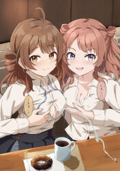  2girls ahoge black_skirt blush breasts brown_eyes brown_hair cleavage coffee coffee_mug commentary covered_nipples cup doughnut food gakuen_idolmaster hanami_saki hanami_ume idolmaster looking_at_viewer mug multiple_girls popped_button purple_eyes siblings sisters skirt smile table translated triangle_(zztg3775) 