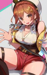  atelier_(series) atelier_ryza atelier_ryza_3 bare_arms bare_shoulders beret bracelet braid breast_pocket breasts brown_eyes brown_gloves brown_hair brown_thighhighs brown_vest choker cleavage clover_hair_ornament collarbone commentary_request crown_braid earrings female gloves hair_ornament hat hirotaka_(hrtk990203) jewelry large_breasts leather_belt multiple_bracelets multiple_necklaces necklace pocket red_shorts reisalin_stout short_hair short_shorts shorts single_glove sleeveless smile solo star_(symbol) star_choker star_earrings star_necklace thighhighs thighs vest white_hat x_hair_ornament 