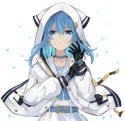  absurdres adjusting_clothes adjusting_gloves belt belt_buckle black_gloves blue_belt blue_choker blue_eyes blue_hair blue_neckerchief buckle choker closed_mouth commentary_request earrings female gloves hair_between_eyes highres hololive hood hood_up hooded_jacket hoshimachi_suisei hoshimachi_suisei_(school_uniform) jacket jewelry kiukoma long_hair long_sleeves looking_at_viewer neckerchief official_alternate_costume official_alternate_hair_length official_alternate_hairstyle open_clothes open_jacket sailor_collar shirt skirt solo star_(symbol) star_in_eye symbol_in_eye upper_body virtual_youtuber white_jacket white_sailor_collar white_shirt white_skirt 