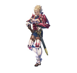  absurdres armor armored_boots bare_shoulders blonde_hair boots breastplate closed_mouth commentary dark-skinned_female dark_skin dress elbow_pads female fire_emblem fire_emblem_awakening fire_emblem_heroes flavia_(fire_emblem) full_body gloves hand_on_own_hip highres lips long_hair looking_at_viewer official_art purple_eyes shiny_skin short_dress shoulder_armor sidelocks skirt sleeveless smile solo standing sword thighhighs tied_hair turtleneck weapon white_background yoneko_okome zettai_ryouiki 