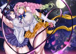  2girls abs bishoujo_senshi_sailor_moon blush braid breast_press breasts bug butterfly cosplay full_moon gradient_hair green_eyes green_hair highres huge_breasts kanroji_mitsuri kimetsu_no_yaiba kochou_shinobu leotard long_hair looking_at_viewer magical_girl moon moonlight multicolored_hair multiple_girls muscular muscular_female night night_sky orange_skirt pink_hair puripuri_jet purple_eyes purple_hair purple_skirt sailor_saturn sailor_saturn_(cosplay) sailor_senshi_uniform sailor_venus sailor_venus_(cosplay) shiny_skin short_hair skirt sky star_(sky) starry_sky sword symmetrical_docking thick_thighs thighs weapon white_leotard 