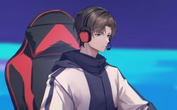  1boy artem_wing_(tears_of_themis) blue_eyes brown_hair chair closed_mouth fengtu_ad gaming_chair headphones highres jacket jersey long_sleeves male_focus short_hair sitting solo swivel_chair tears_of_themis white_jacket 