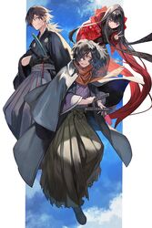  2boys black_eyes black_hair facial_hair fate/grand_order fate_(series) female hair_over_one_eye hakama highres jacket japanese_clothes katana kimono lack long_hair multiple_boys okada_izou_(fate) orange_eyes oryou_(fate) pink_eyes ponytail red_jacket sakamoto_clan_(emblem) sakamoto_ryouma_(fate) sakamoto_ryouma_(lancer)_(fate) scarf smile stubble sword v weapon wide_sleeves 