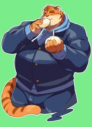  2022 anthro belly big_belly bottomwear closed_eyes clothing eating felid food green_background hi_res kemono launcher_r male mammal overweight overweight_male pantherine pants simple_background solo sweater tiger topwear 