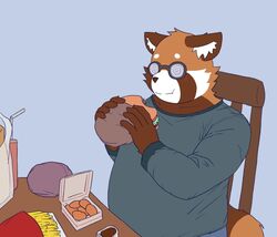  2022 ailurid anthro bari_mu burger chair clothing eating eyewear food fries furniture glasses kemono male mammal overweight overweight_male red_panda shirt sitting solo topwear 