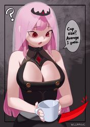  ? artist_name bare_shoulders breasts cleavage cup english_text female highres holding holding_cup hololive hololive_english large_breasts long_hair looking_down misunderstanding mixed-language_commentary mori_calliope mori_calliope_(1st_costume) open_mouth pink_hair purple_eyes speech_bubble tiara veil virtual_youtuber wllmagic 