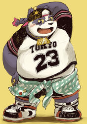  absurd_res alp_(tas) anthro aotadobukitch backwards_baseball_cap backwards_hat baseball_cap bear belly blush bottomwear braided_hair braided_ponytail clothing giant_panda hair hat headgear headwear hi_res jersey lifewonders looking_at_viewer male mammal overweight overweight_male ponytail queue_(hairstyle) shorts simple_background solo tokyo_afterschool_summoners yellow_background yellow_sclera 