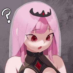  ? bare_shoulders commentary_request english_commentary female hololive hololive_english long_hair looking_down mixed-language_commentary mori_calliope mori_calliope_(1st_costume) open_mouth pink_hair purple_eyes tiara veil virtual_youtuber wllmagic 