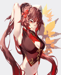  absurdres armpits breasts brown_hair female flower flower-shaped_pupils genshin_impact gradient_hair highres hu_tao_(genshin_impact) ktr_(tpun2553) md5_mismatch medium_breasts multicolored_hair navel plum_blossoms red_eyes simple_background star_(symbol) symbol-shaped_pupils twintails 