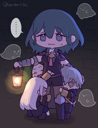  &gt;_&lt; ... 2boys 2girls :3 ashe_ubert bad_id bad_twitter_id breasts byleth_(female)_(fire_emblem) byleth_(fire_emblem) chibi commentary crying dark fire_emblem fire_emblem:_three_houses freckles full_body garreg_mach_monastery_uniform ghost green_eyes green_hair grey_hair highres hugging_another&#039;s_leg lantern linhardt_von_hevring long_hair lysithea_von_ordelia multiple_boys multiple_girls open_mouth orio_(oront1y) scared sleeping smile spoken_ellipsis sweatdrop tears twitter_username white_hair 