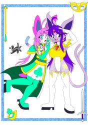  2017 absurd_res ahoge anthro armor blue_eyes bottomwear cape clothing derthevaporeon duo eeveelution espeon exposed_hips female forked_tail generation_2_pokemon generation_6_pokemon gesture hair head_gem hi_res jewelry kagome_(sugarysylvee) mask nintendo pink_hair pokemon pokemon_(species) purple_eyes purple_hair ribbons salute shoulder_pads simple_background skirt smile smiling_at_viewer surprised_expression sylveon tail takume_(derthevaporeon) unusual_anatomy unusual_tail weapon white_background 