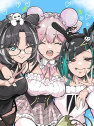  +++ 3girls alternate_costume animal_ears animare arm_around_neck baymax big_hero_6 black-framed_eyewear black_hair black_thighhighs blue_hair blush bow bowtie breasts cleavage closed_mouth cone_hair_bun cowboy_shot demon_girl demon_horns detached_collar fake_animal_ears glasses green_eyes grey_hair grey_skirt hair_bun hair_ornament hairclip heart heart-shaped_pupils highres honey_strap horns large_breasts long_sleeves looking_at_viewer medium_breasts medium_hair multicolored_hair multiple_girls nanashi_inc. oerba_yun_fang official_alternate_costume open_mouth oura_rukako oura_rukako_(2nd_costume) panyatteria pink_bow pink_bowtie pink_hair plaid plaid_skirt pointy_ears rabbit_ears red_eyes semi-rimless_eyewear shishio_chris shishio_chris_(2nd_costume) short_hair skirt smile streaked_hair sugar_lyric suou_patra sweater symbol-shaped_pupils thighhighs two-tone_hair v virtual_youtuber w white_sweater 