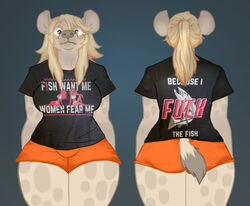  anthro ass big_ears blonde_hair bones_(deermary) bottomwear clothed clothing creature_print deermary female front_and_back front_view fully_clothed gradient_background hair hyena mammal markings meme orange_bottomwear orange_clothing orange_shorts ponytail print_clothing print_shirt print_t-shirt print_topwear pubic_mound rear_view shirt shorts simple_background solo spots spotted_markings t-shirt text text_on_clothing text_on_shirt text_on_t-shirt text_on_topwear text_print thick_thighs topwear wide_hips women_want_me_fish_fear_me yellow_eyes 