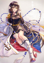  absurdres anchor_symbol artist_name azur_lane battleship boots breasts brown_dress brown_hair buttons coat double-breasted dress epaulettes female full_body gloves gold_belt hand_in_own_hair highres historical_name_connection horns large_breasts long_hair looking_at_viewer mahos_san mikasa_(azur_lane) mikasa_(battleship) military_uniform military_vehicle name_connection object_namesake open_clothes open_coat orange_eyes sakuramon ship short_dress simple_background solo uniform vehicle_and_personification very_long_hair warship watercraft white_coat white_footwear white_gloves 