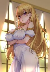  absurdres arms_under_breasts backlighting bare_shoulders blonde_hair blush breasts cleavage closed_mouth commentary covered_navel covered_nipples crossed_arms dress female frown highres large_breasts long_hair looking_at_viewer nijisanji purple_eyes solo takamiya_rion takamiya_rion_(2nd_costume) try_(lsc) virtual_youtuber white_dress window 