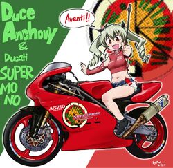  :d anchovy_(girls_und_panzer) anzio_(emblem) artist_name black_footwear black_ribbon blue_shorts brown_eyes character_name commentary_request crop_top cutoffs dated denim denim_shorts detached_sleeves drill_hair ducati ducati_supermono emblem english_text female flag_background girls_und_panzer green_hair hair_ribbon high_collar highres holding holding_riding_crop italian_flag italian_text konkon logo long_hair looking_at_viewer midriff motor_vehicle motorcycle oerba_yun_fang on_motorcycle open_mouth red_shirt red_sleeves ribbon riding_crop shirt shoes short_shorts shorts signature skin_fang sleeveless sleeveless_shirt smile solo text_background translated twin_drills twintails 