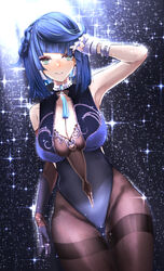  adapted_costume armpits asymmetrical_gloves bad_id bad_pixiv_id bare_shoulders blue_hair bodystocking braid breasts cleavage clothing_cutout diagonal_bangs earrings female genshin_impact green_eyes grin highres jewelry kainines large_breasts leotard navel_cutout parted_lips smile solo twitter_username yelan_(genshin_impact) 