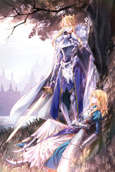  2girls 3orgning ahoge armor armored_dress artoria_pendragon_(fate) artoria_pendragon_(lancer)_(fate) blonde_hair blood blood_on_clothes blue_dress blue_eyes cape chinese_commentary closed_mouth commentary crown dress excalibur_(fate/stay_night) expressionless fate/grand_order fate_(series) full_body fur-trimmed_cape fur_trim gauntlets grass green_eyes hair_between_eyes highres holding holding_sword holding_weapon juliet_sleeves korean_commentary lion_king_(lancer)_(fate) long_hair long_sleeves looking_at_another lying mixed-language_commentary multiple_girls parted_lips puffy_sleeves saber_(fate) sidelocks standing sword tree twitter_username weapon 